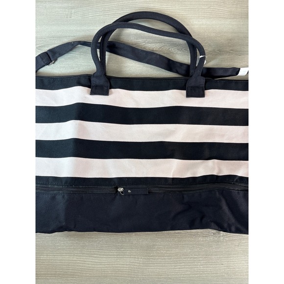Victoria's Secret Weekender Duffel Bag Pink Black Stripe Canvas Travel Tote New - Picture 3 of 3